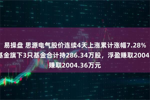 易操盘 思源电气股价连续4天上涨累计涨幅7.28%，鹏华基金旗下3只基金合计持286.34万股，浮盈赚取2004.36万元